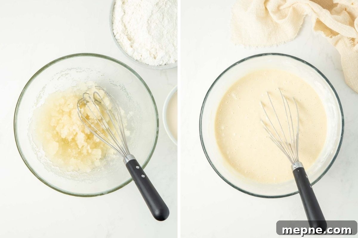 Vegan Vanilla Cake with Fluffy Frosting 6 Step one and two of making the cake batter in glass bowls with a whisk.
