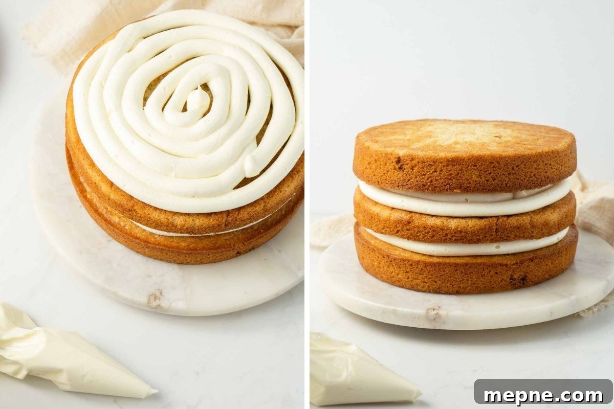 Vegan Vanilla Cake with Fluffy Frosting 8 Assembling the cake with frosting.