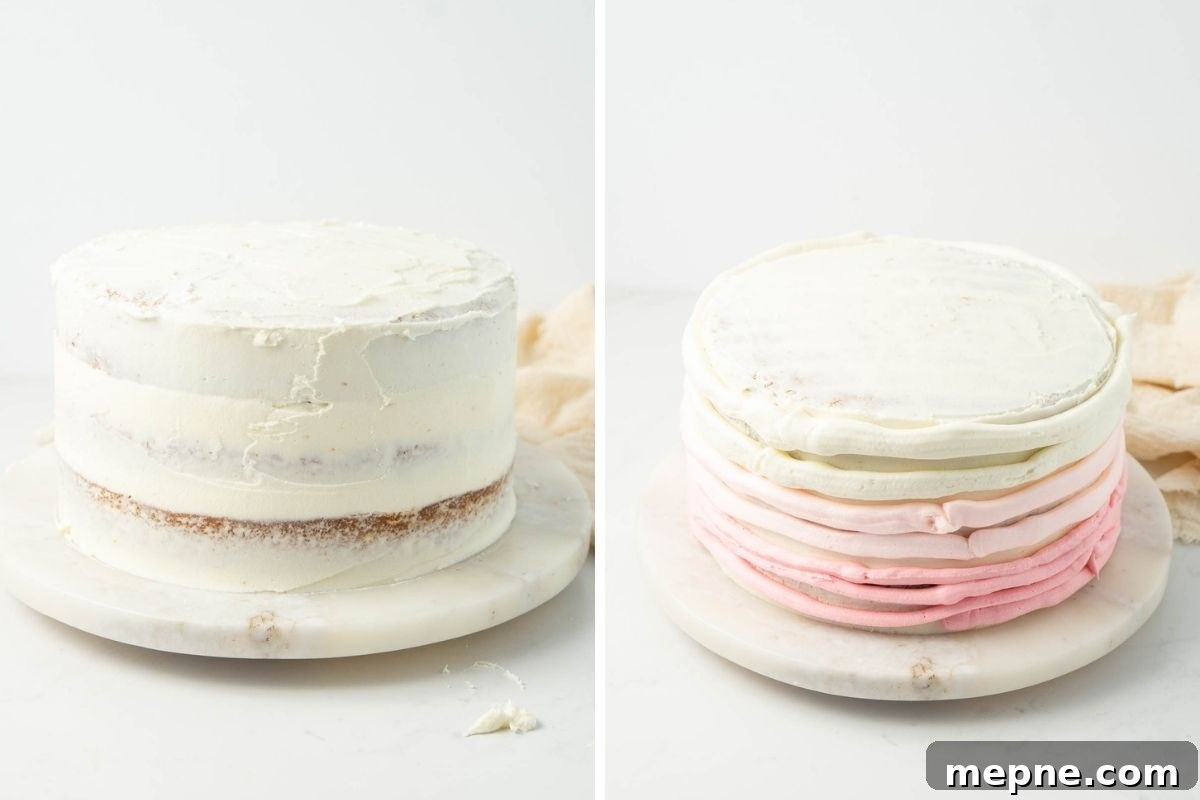 Vegan Vanilla Cake with Fluffy Frosting 9 Cake with a crumb coat, and cake with multi colour frosting swirled around it.