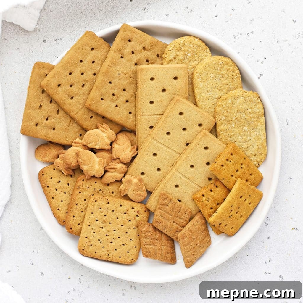 Gluten-Free Key Lime Pie Bars Recipe: Zesty Lime Squares 4 Overhead view of different kinds of gluten-free graham crackers on a white plate
