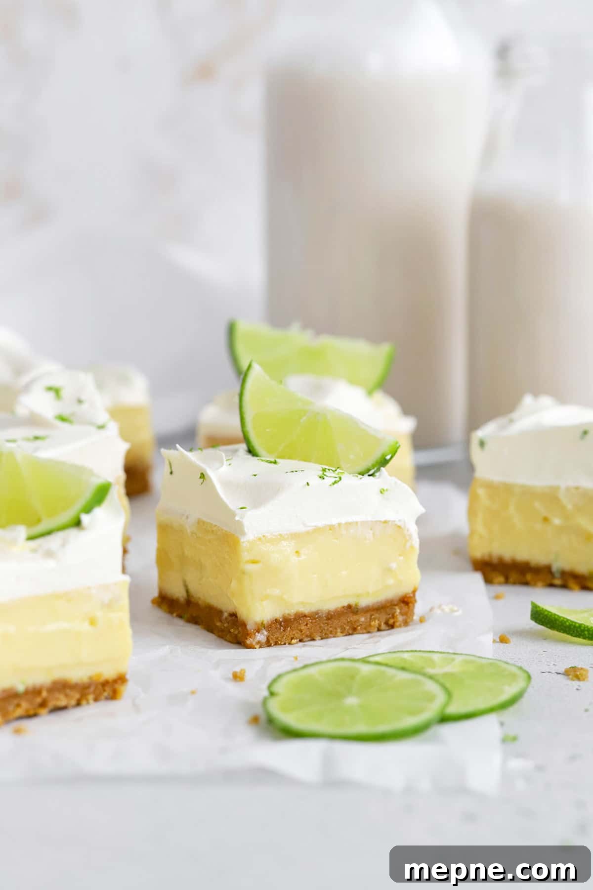 Gluten-Free Key Lime Pie Bars Recipe: Zesty Lime Squares 8 Front view of gluten-free key lime pie bars with gluten-free graham cracker crust