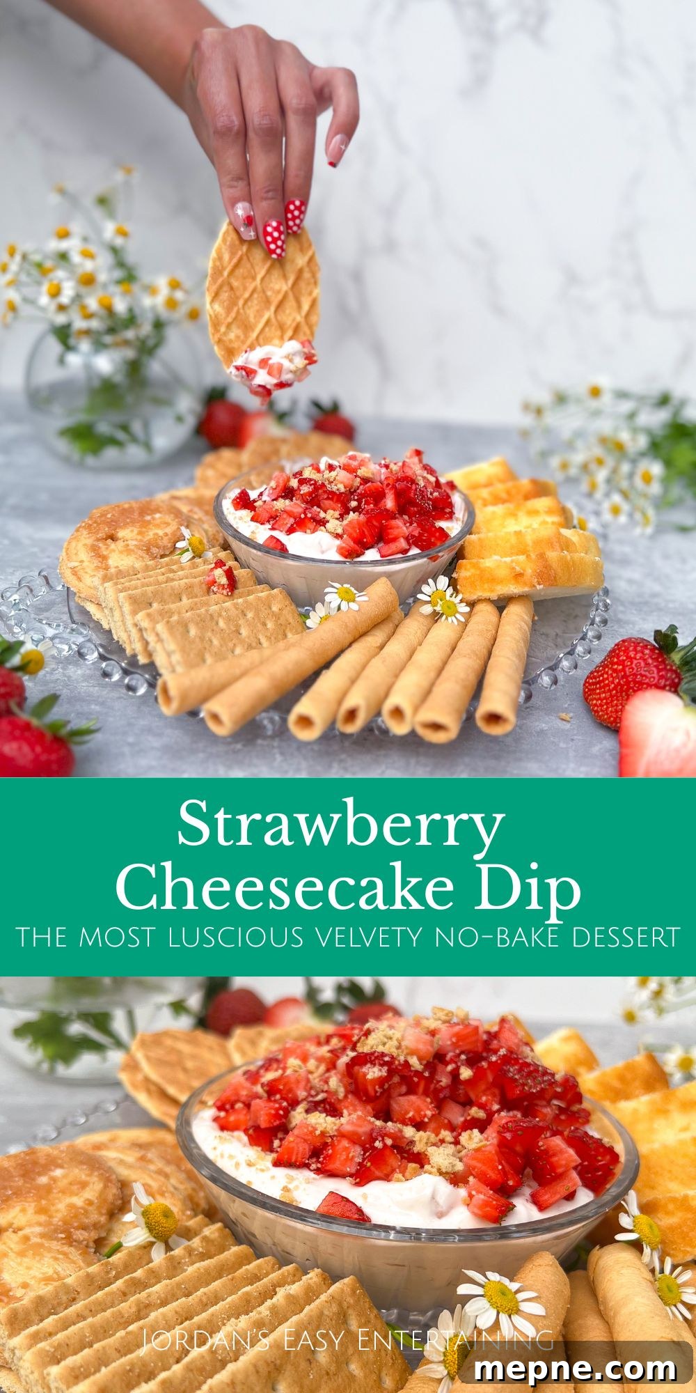 No-Bake Strawberry Cheesecake Dip: A Velvety, Decadent Treat 11 a no bake strawberry cheesecake dip served with waffle cookies, pound cake, graham crackers, and rolled wafers