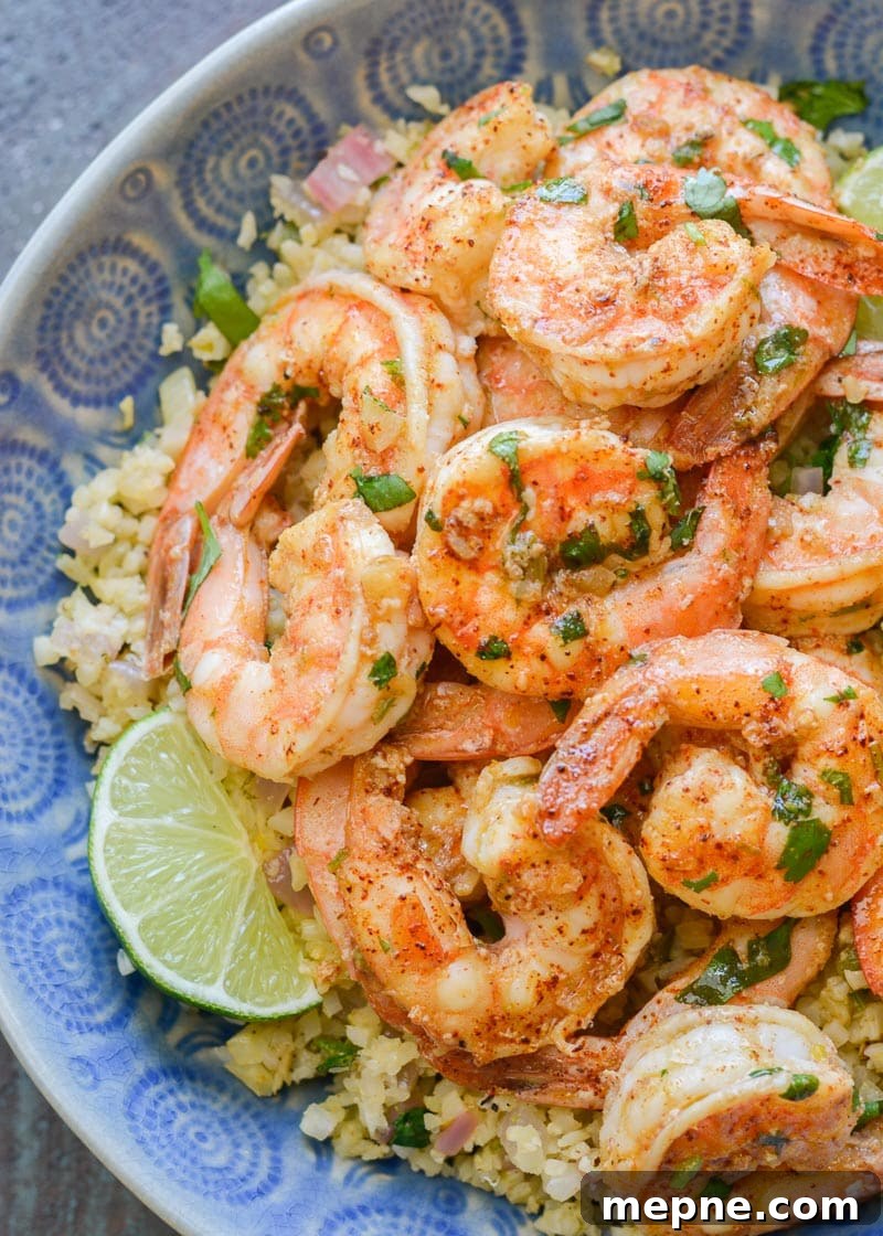 Keto Cilantro Lime Shrimp with Cauliflower Rice 6 Overhead shot showing cilantro lime shrimp and cauliflower rice for an easy keto dinner