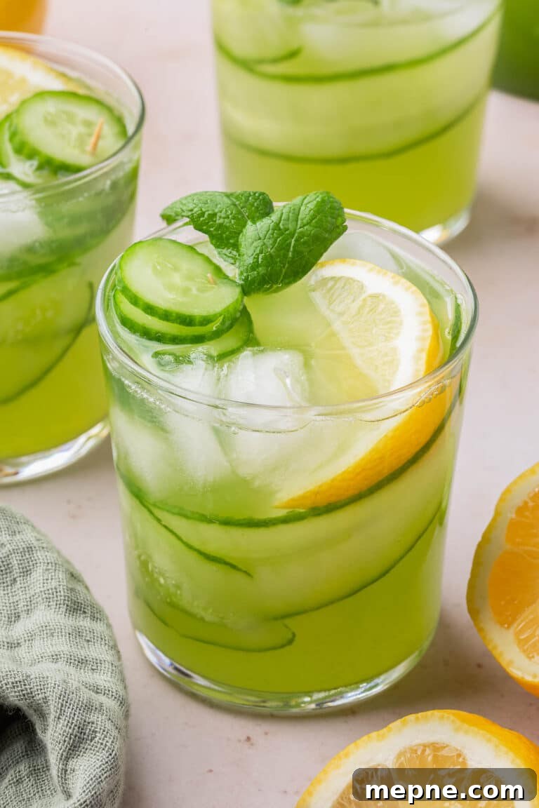 Fresh Basil Lemonade Recipe 13 A glass of cucumber lemonade with ice, a lemon wedge, cucumber ribbons and slices and a sprig of mint in it.