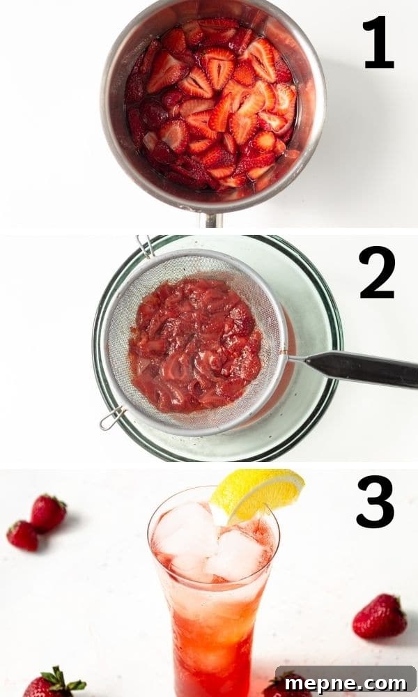 Homemade Strawberry Syrup for Cocktails and Mocktails 4 steps on how to make strawberry syrup
