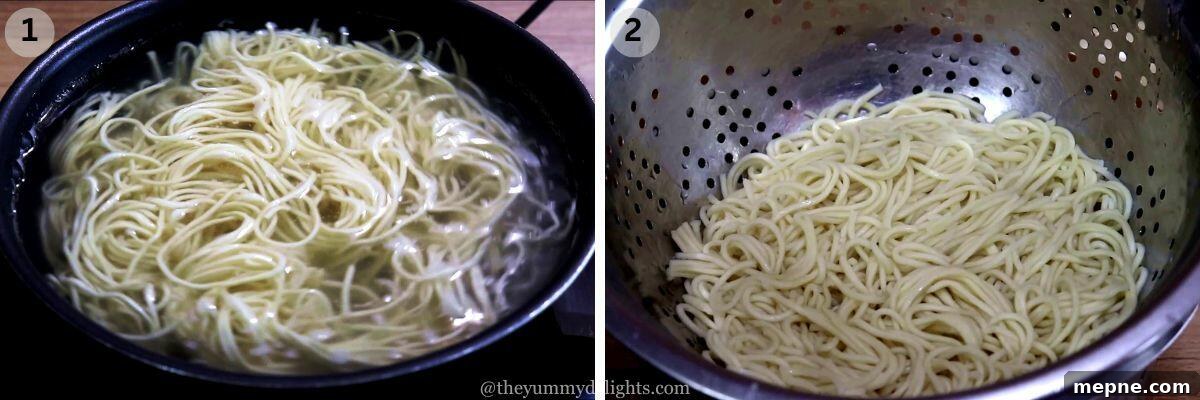 collage image of 2 steps showing cooking noodles to make garlic chili oil noodles.