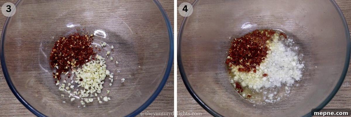 collage image of 2 steps showing pouring hot oil over chili flakes and garlic to make garlic chili oil noodles.
