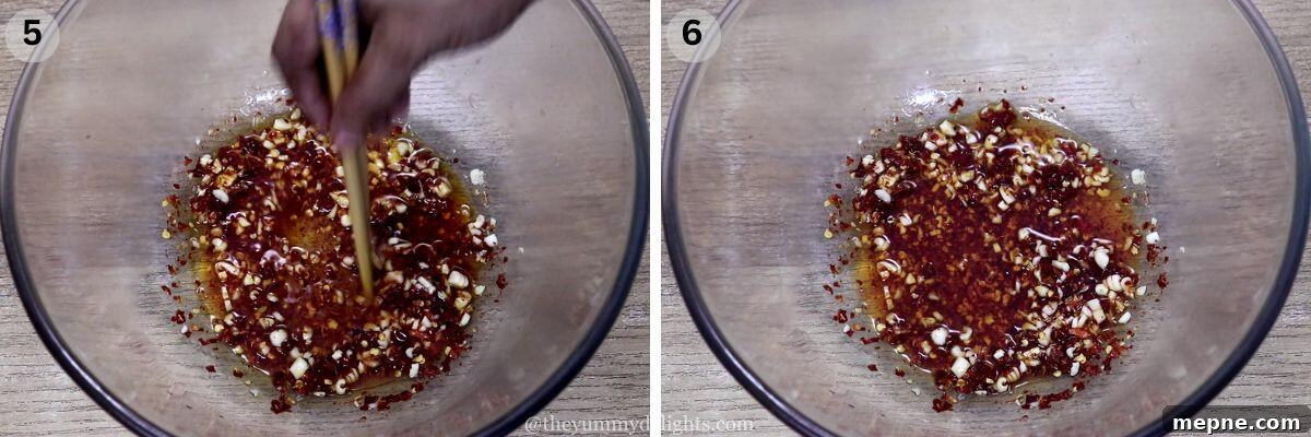 collage image of 2 steps showing mixing chili and garlic with hot oil.