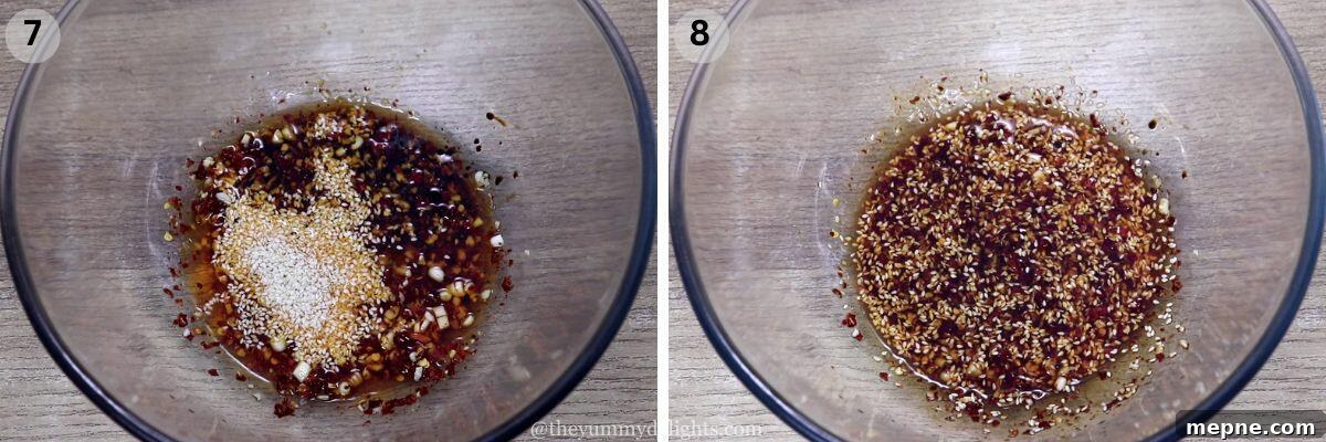 collage image of 2 steps showing how to make homemade chili oil.