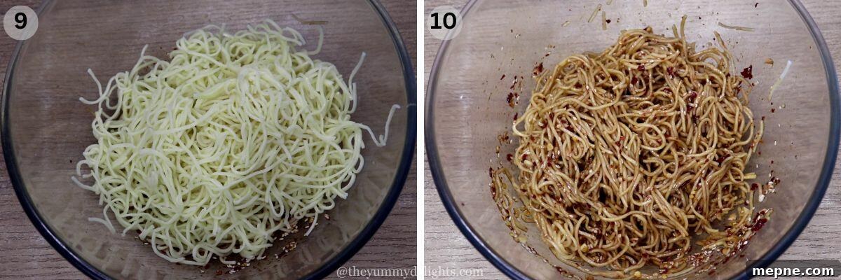 collage image of 2 steps showing tossing the noodles with garlic chili oil.