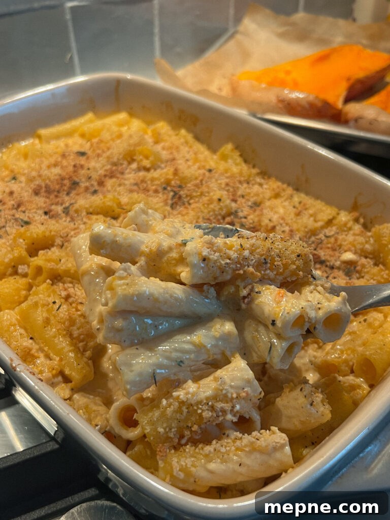 Creamy Butternut Squash Mac and Cheese Recipe 3 Creamy butternut squash mac and cheese in a baking dish