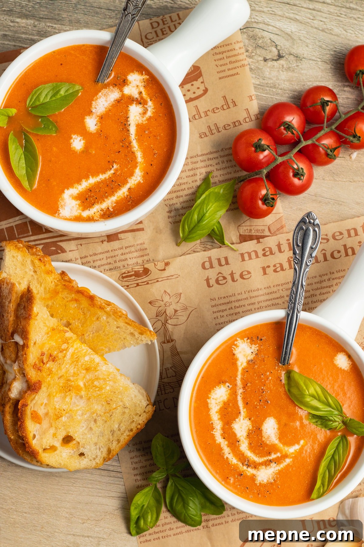 Creamy Roasted Garlic Tomato Soup Recipe 13 This is a picture of two bowls of roasted garlic tomato soup and a grilled cheese sandwich.
