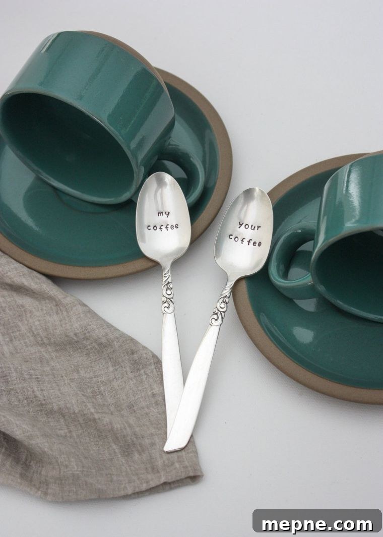 27 Wedding Gift Ideas for Newlywed Couples 27 my coffee your coffee stamped spoons