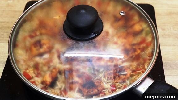 Cajun Chicken and Rice Skillet 10 simmering the cajun chicken and rice in a pan.