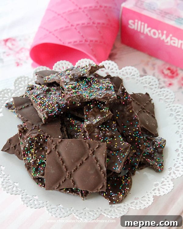 Homemade Crispy Chocolate Bark 4 Sprinkles and pattern on Crispy Chocolate Bark Candy