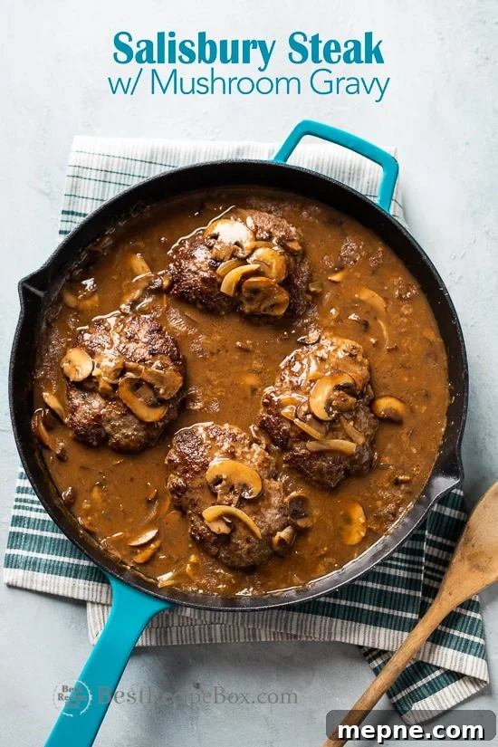 Salisbury Steak Recipe with Mushroom Gravy | @BestRecipeBox Salisbury Steak Recipe with Mushroom Gravy in a cooking pot