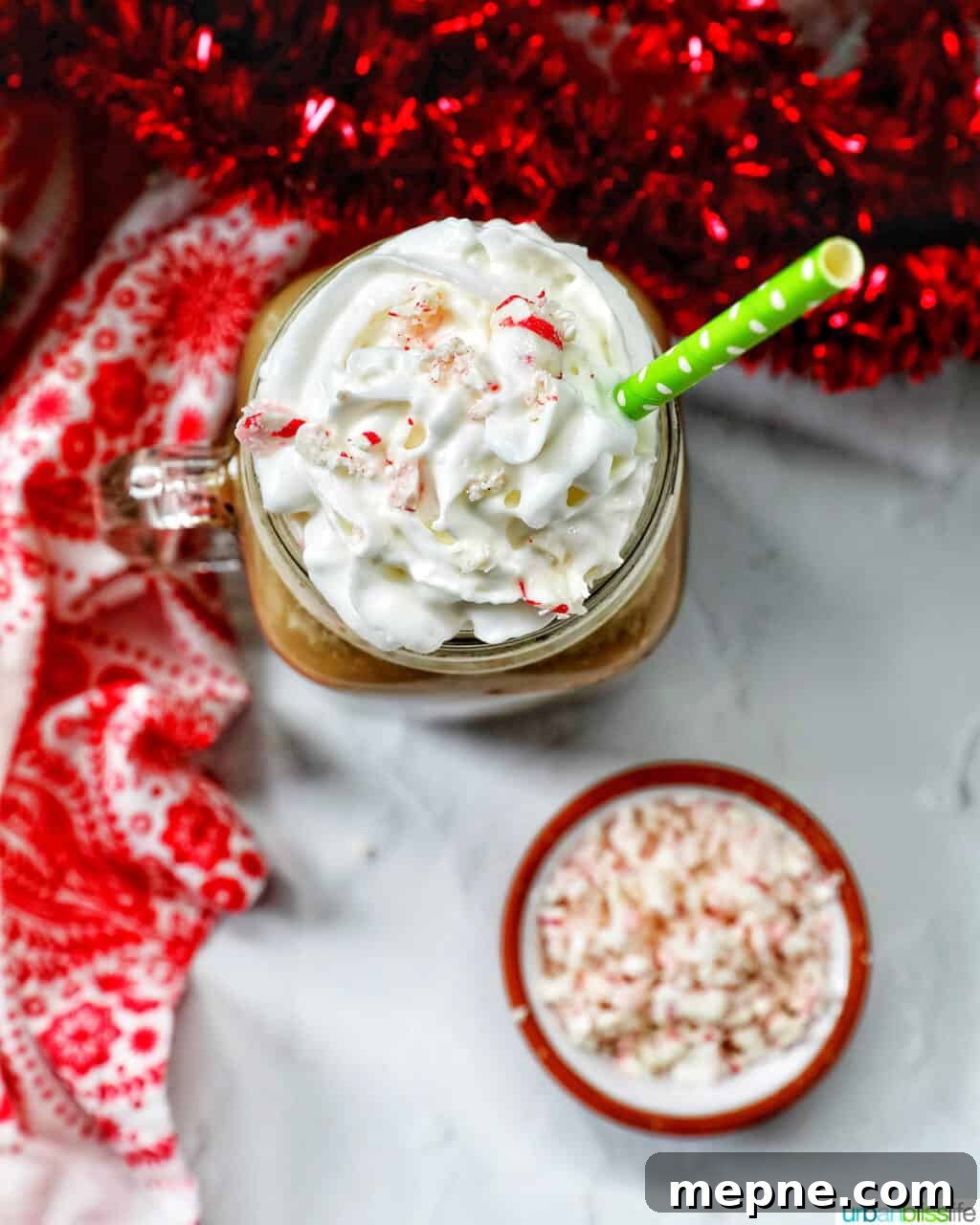 White Chocolate Peppermint Mocha Recipe 12 white chocolate peppermint mocha viewed from overhead.