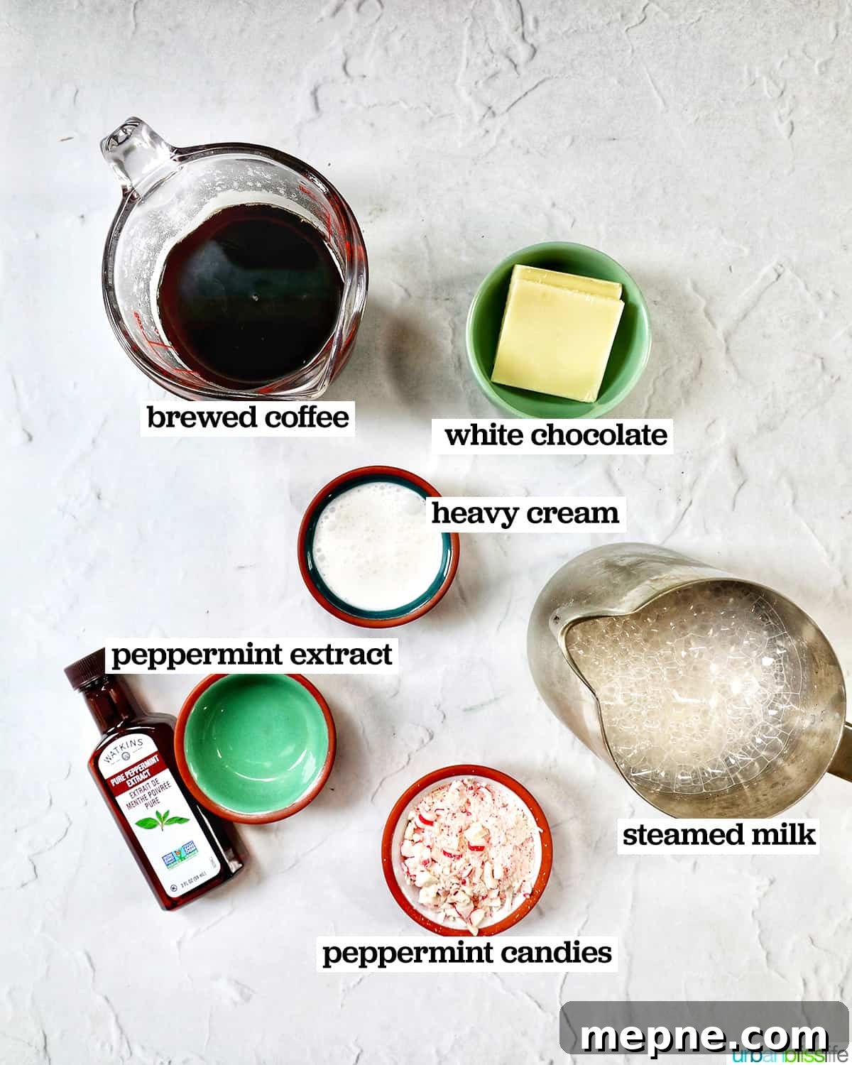 White Chocolate Peppermint Mocha Recipe 4 bowls of ingredients to make white chocolate peppermint mocha.
