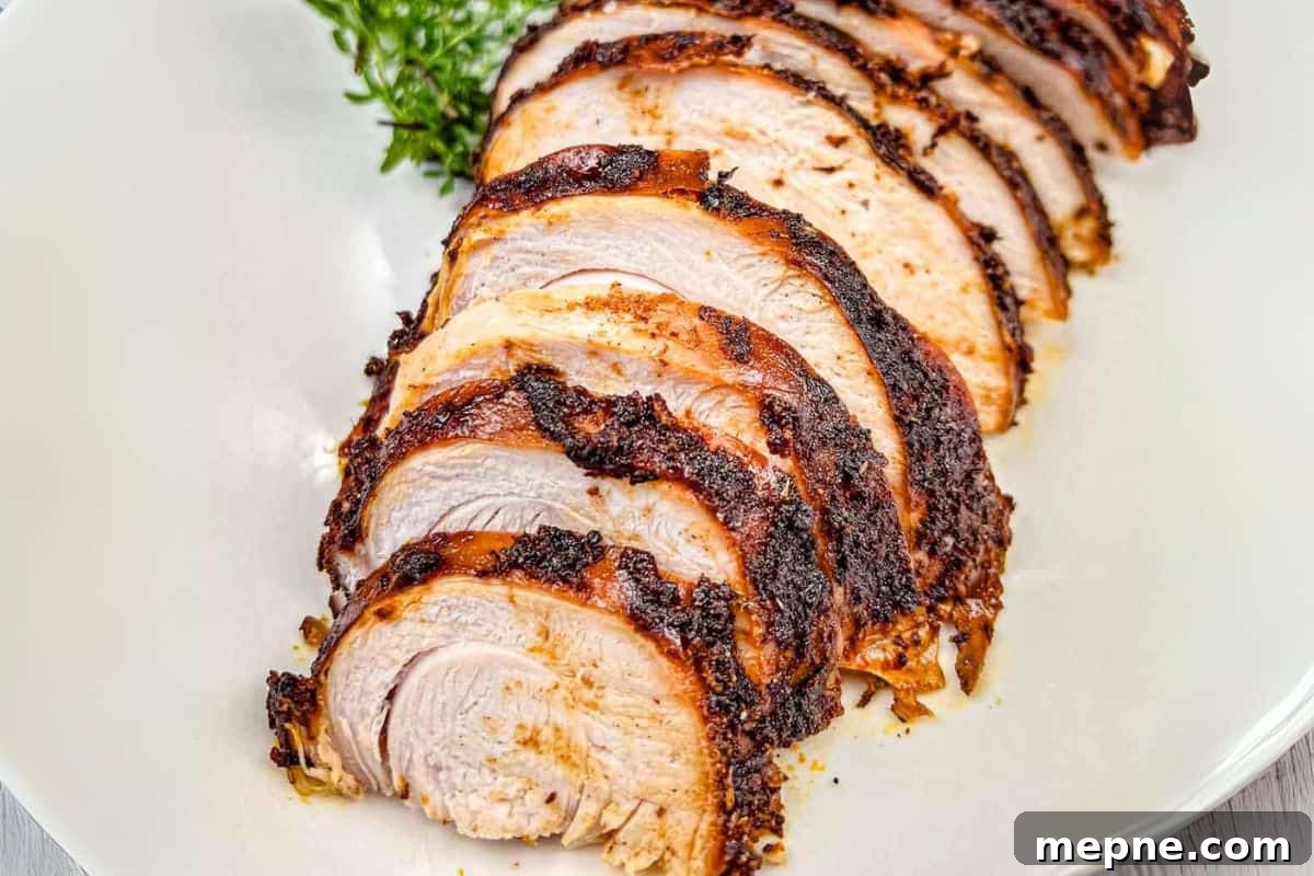 33 BBQ Recipes That Turn Budget Cuts Into Gourmet Meals 3 Sliced roasted turkey breast arranged on a white plate.