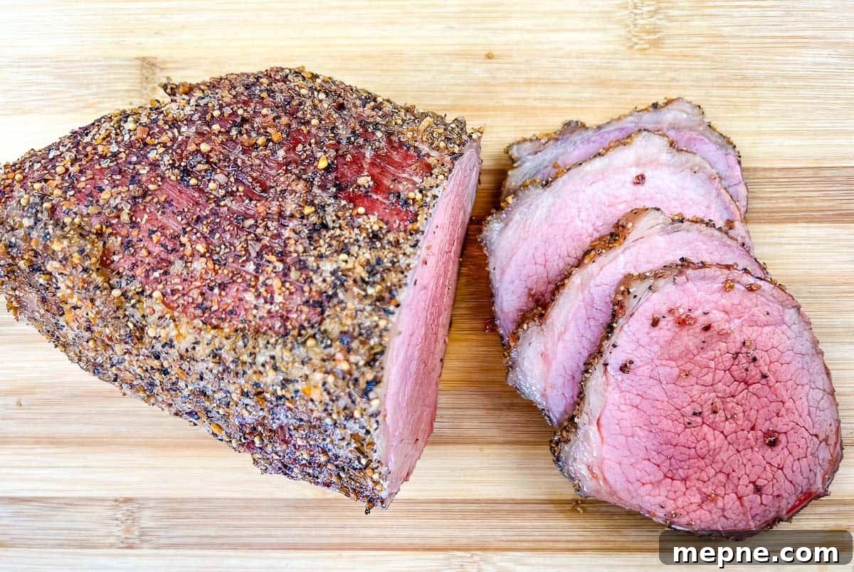 33 BBQ Recipes That Turn Budget Cuts Into Gourmet Meals 34 A whole and sliced smoked eye of round with on a wooden cutting board.