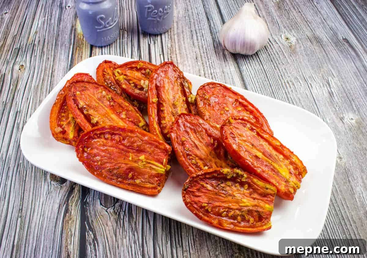 33 BBQ Recipes That Turn Budget Cuts Into Gourmet Meals 8 Smoked tomatoes served on a white rectangular plate.